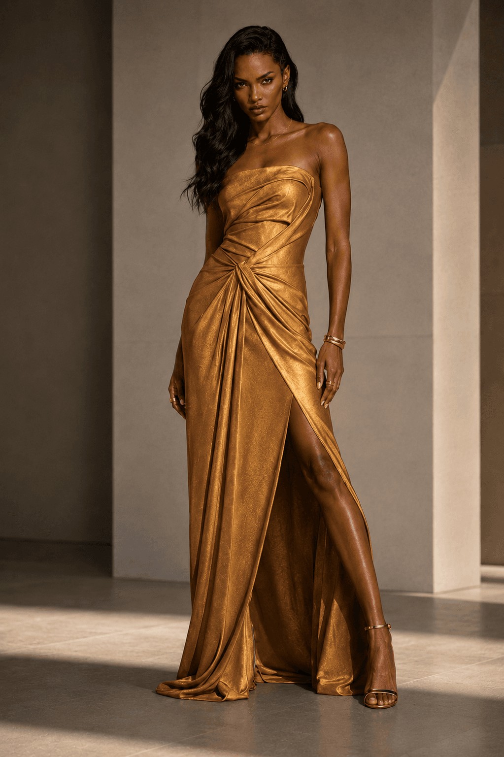 Xaliima looking into mid-distance, draped fabric.